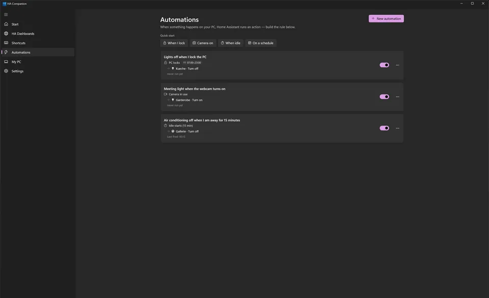 The Automations tab showing Windows-event rules.