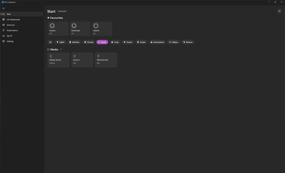 The Start page with favourite tiles, category filters and live entity tiles.